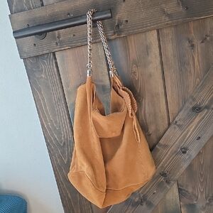 Zara Suede Hobo Bag with Chain Handles in Tan